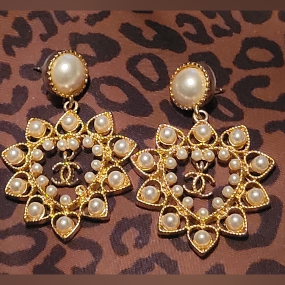 Chanel Gold Pearl Heart Dangle Logo Earrings